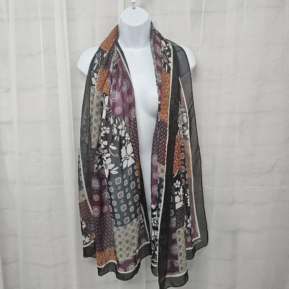 Calvin Klein Scarf Patchwork Boho Floral Black Purple Sheer Rectangular